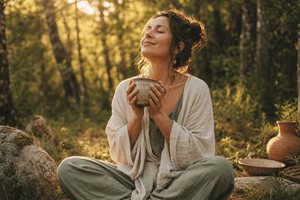 Femme lisant dans un espace naturel lumineux, loin de tout écran, lumière dorée — retraite digitale bienfaits