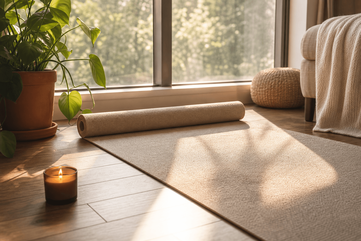 apis de yoga déroulé près d'une fenêtre ensoleillée, atmosphère apaisante du matin, rituel bien-être 