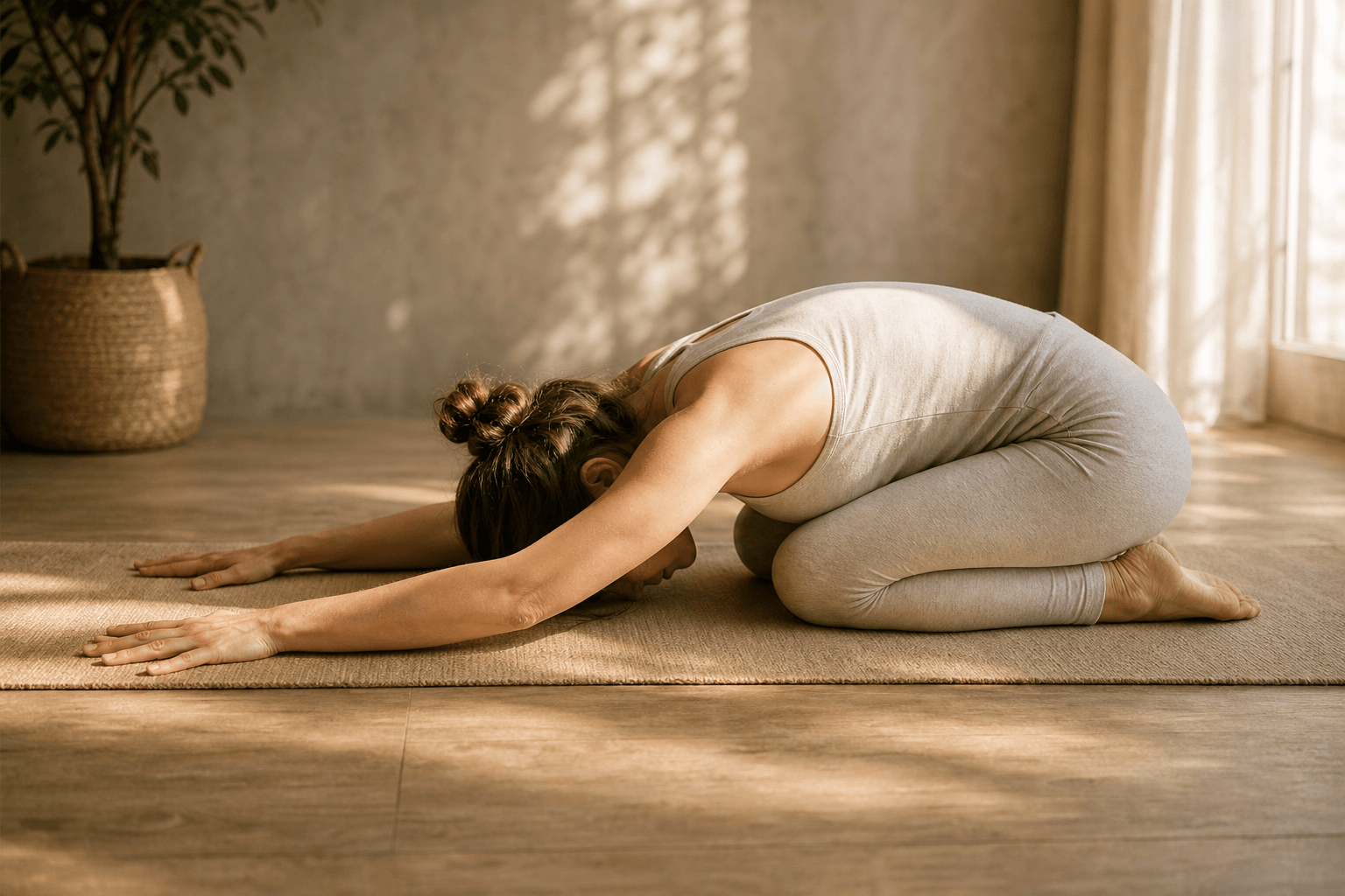 Femme en posture de l'enfant Balasana sur tapis en lin, lumière matinale dorée