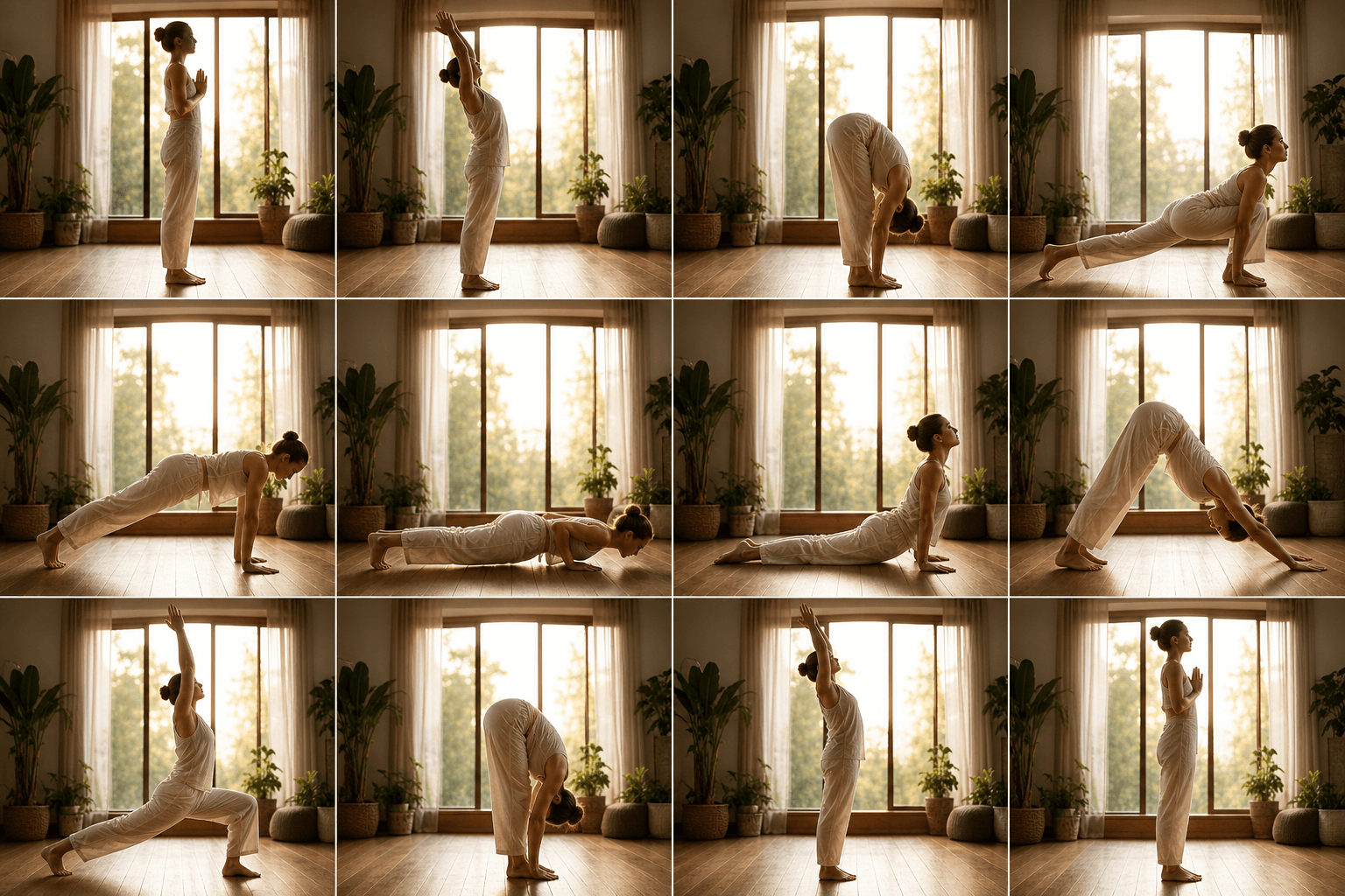  Femme en salutation au soleil Surya Namaskar, routine yoga matin, intérieur lumineux naturel 