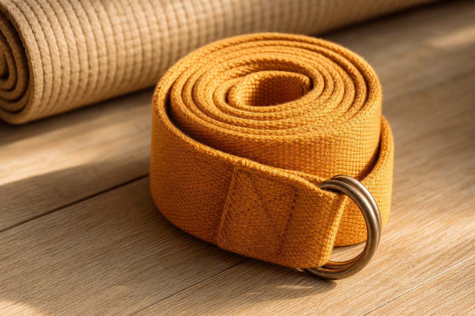 Quelle sangle pour tapis de yoga choisir ? 1 Sangle en coton enroulée autour d'un tapis de yoga sur parquet bois clair, lumière matinale dorée - sangle pour tapis de yoga