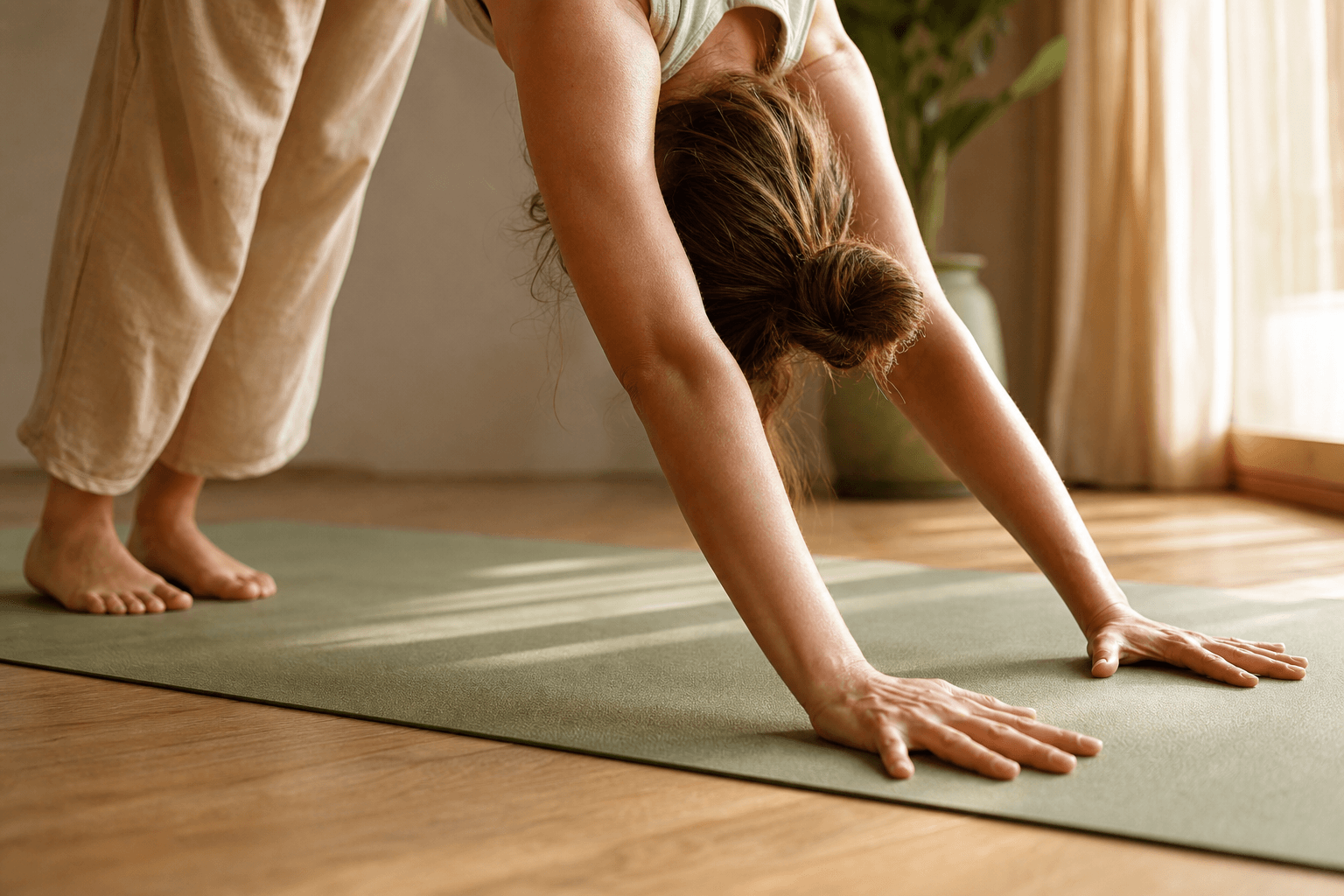 Les 5 meilleurs tapis de yoga Decathlon 1 Mains et pieds posés sur tapis de yoga, lumière naturelle dorée, sol en bois — pratique yoga Decathlon