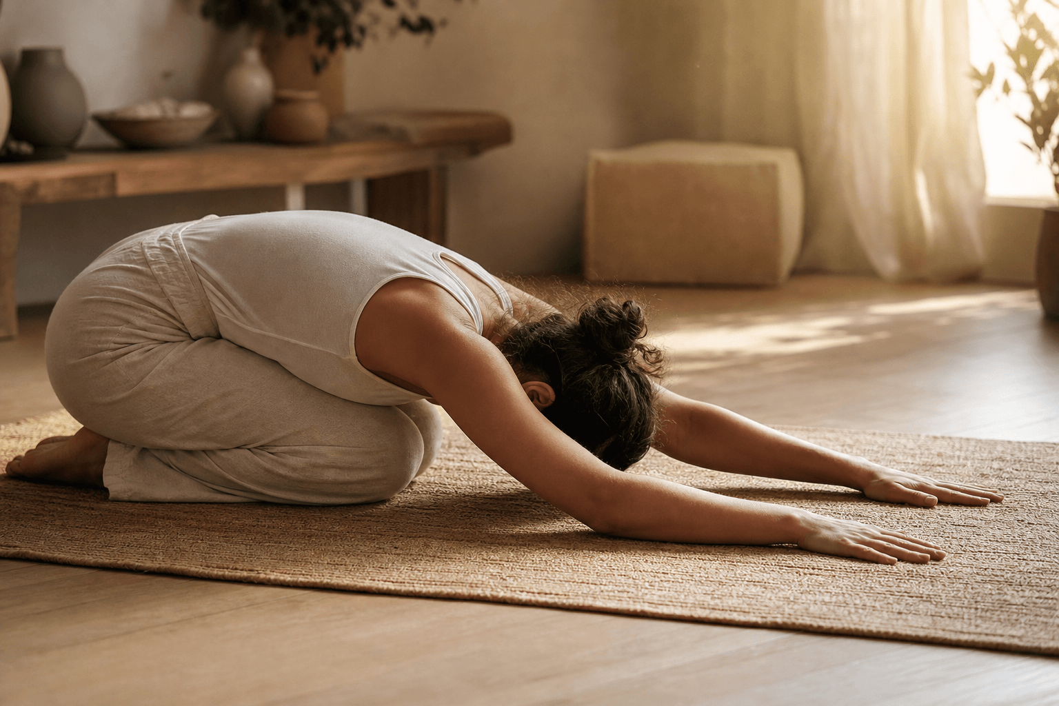 Femme en Balasana posture de l'enfant, front au sol, relâchement profond, yoga contre l'anxiété