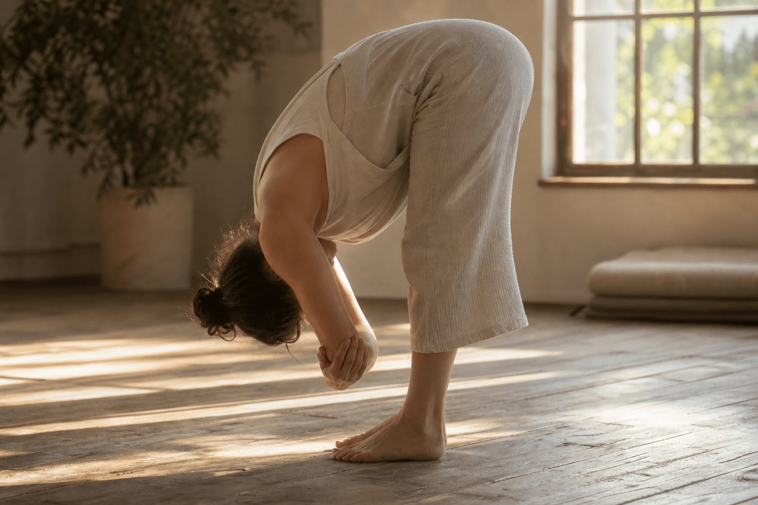 Femme en Uttanasana pince debout, étirement dos et nuque, posture yoga anti-stress