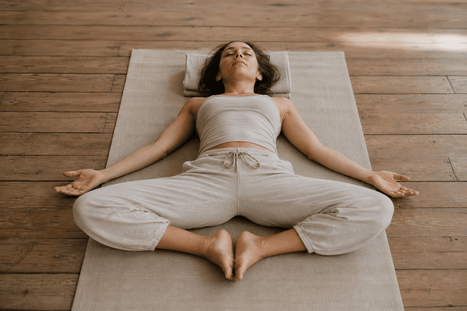 Femme en Supta Baddha Konasana déesse allongée, posture passive yoga anti-anxiété