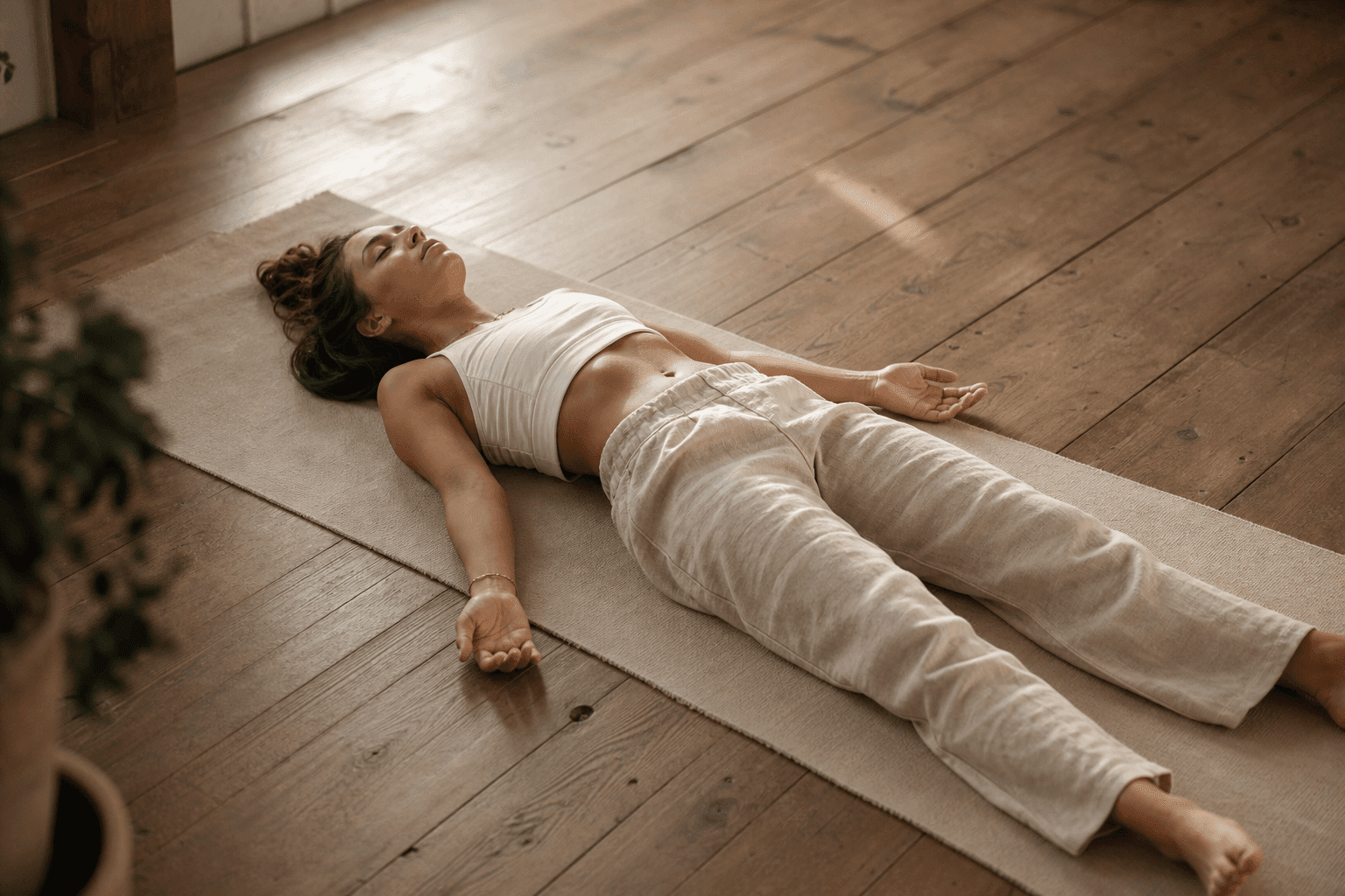 Femme en Savasana scan corporel yoga nidra, relâchement total, pratique contre l'anxiété