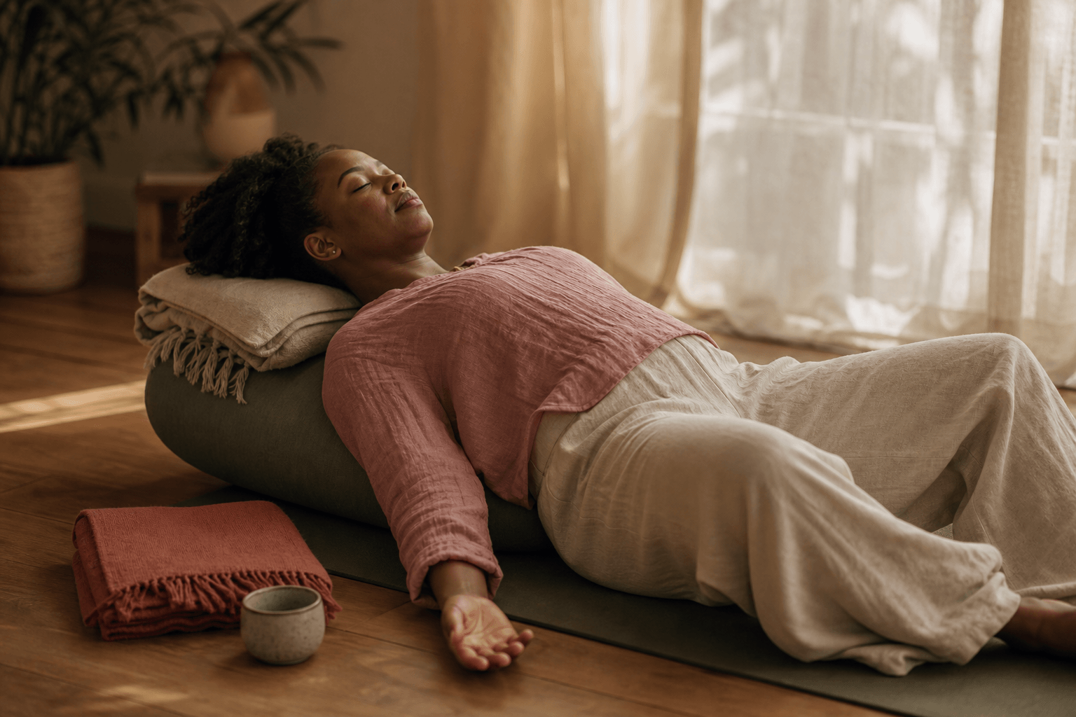 Yoga et burn-out - comment récupérer durablement 1 Femme allongée en yoga restauratif soutenue par un bolster, lumière d'après-midi apaisante, yoga et épuisement
