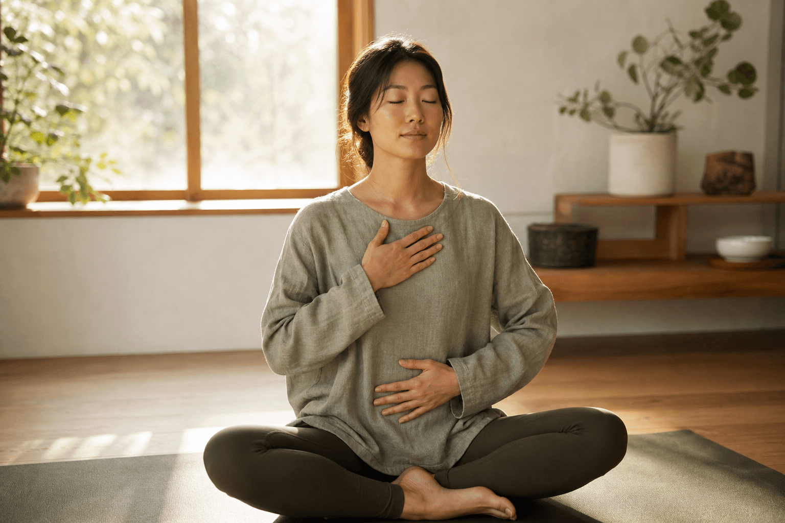 Yoga et burn-out - comment récupérer durablement 3 Femme pratiquant la respiration consciente pranayama assise en tailleur, yoga burn-out système nerveux