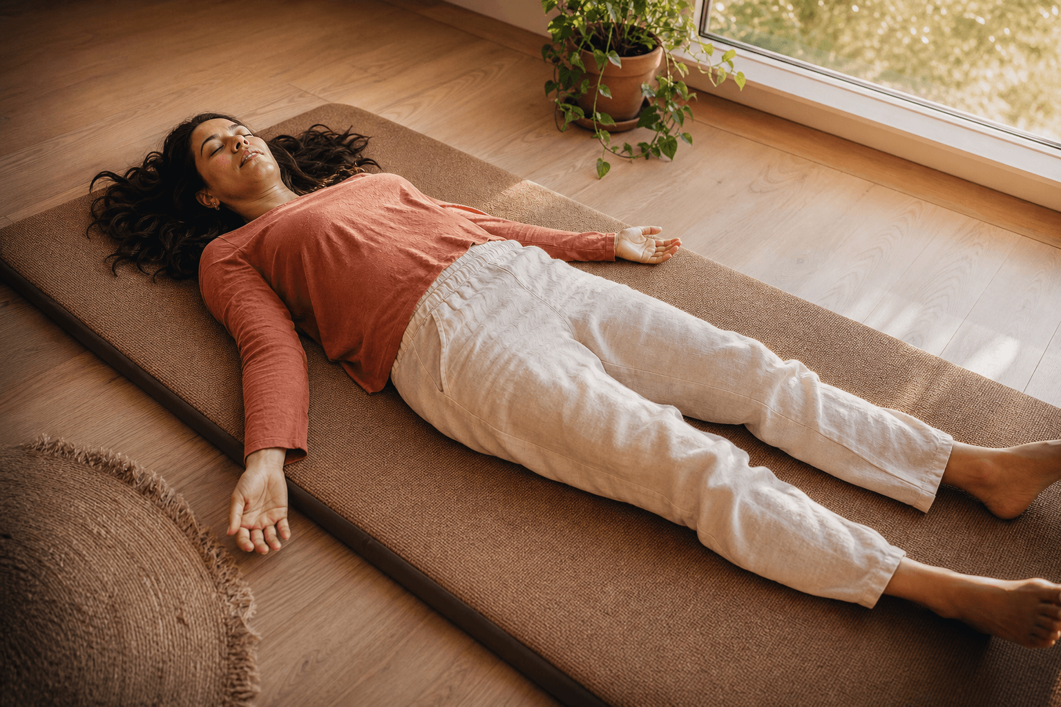 Yoga et burn-out - comment récupérer durablement 2 Femme allongée en shavasana dans une pièce lumineuse en bois clair, yoga nidra récupération burn-out