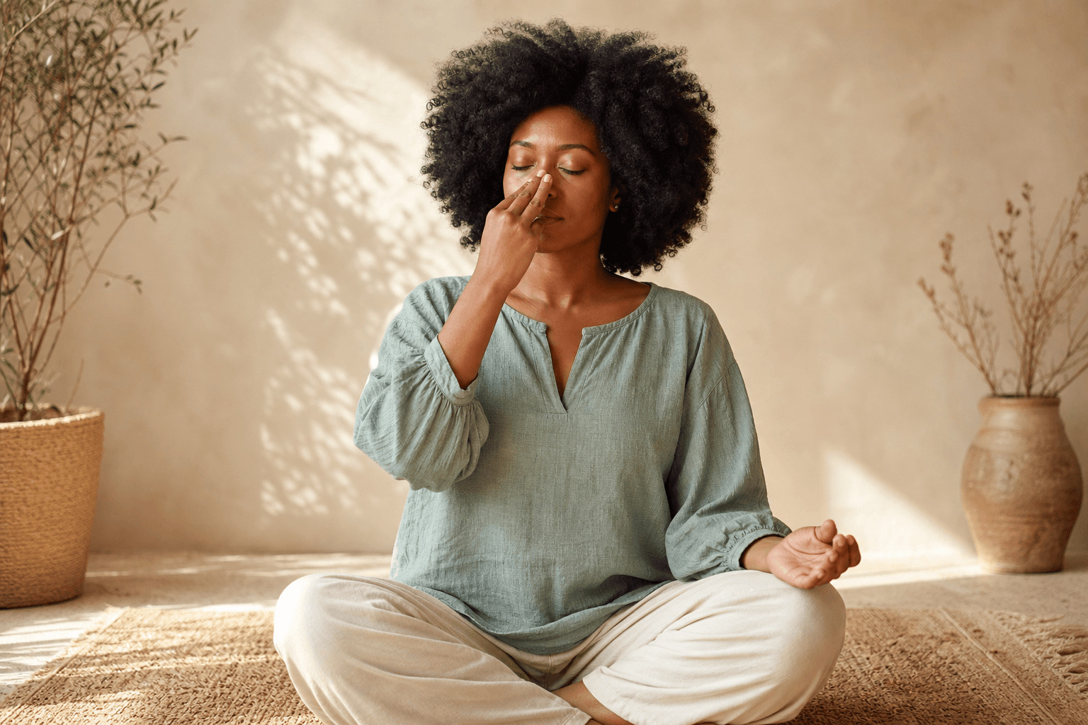Les 5 bienfaits du yoga hormonal pour les femmes 3 Femme pratiquant la respiration alternée Nadi Shodhana, posture de méditation, yoga hormonal et équilibre féminin