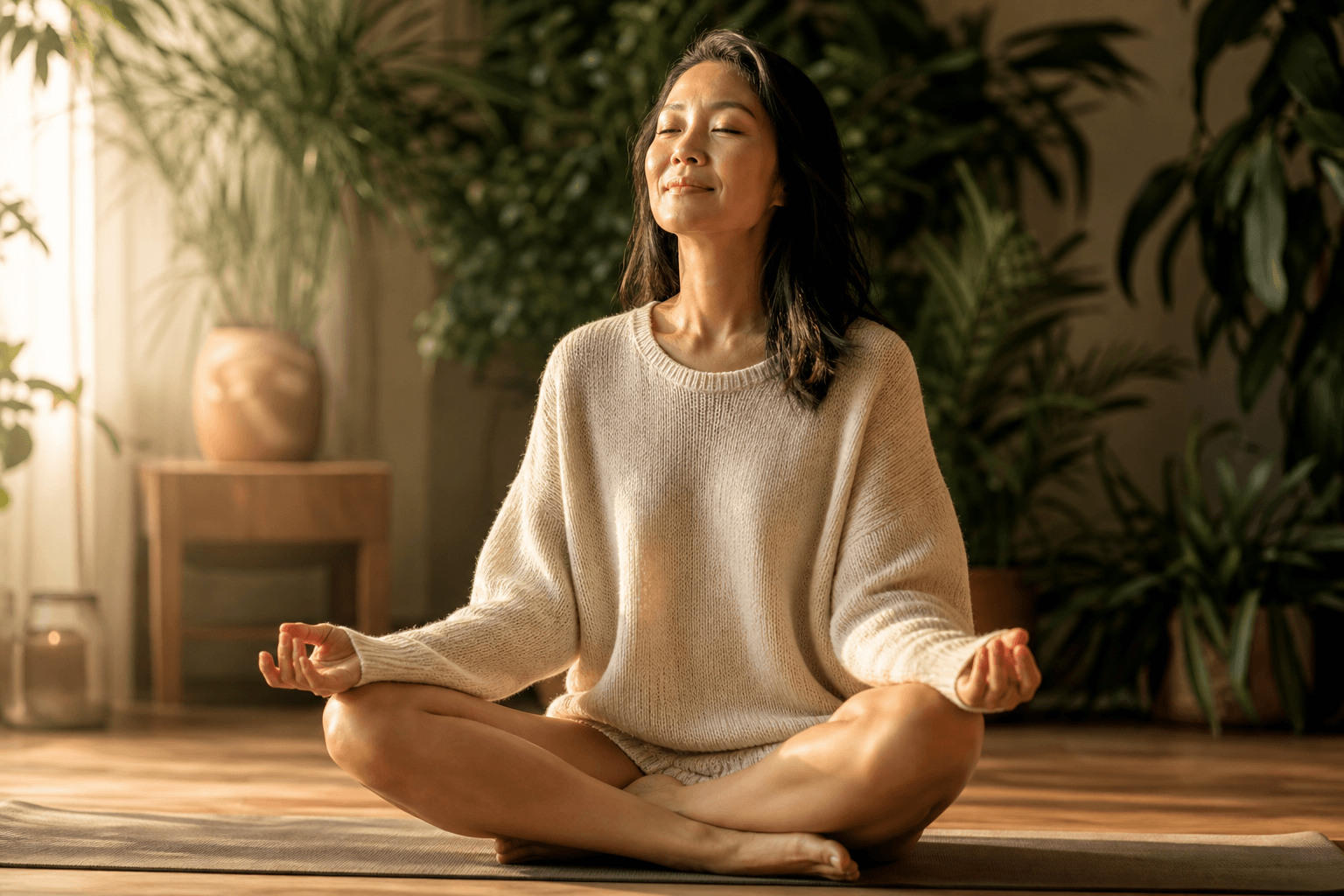 Les 5 bienfaits du yoga hormonal pour les femmes 2 Femme asiatique en méditation, sourire de sérénité, lumière dorée matinale - yoga hormonal femme