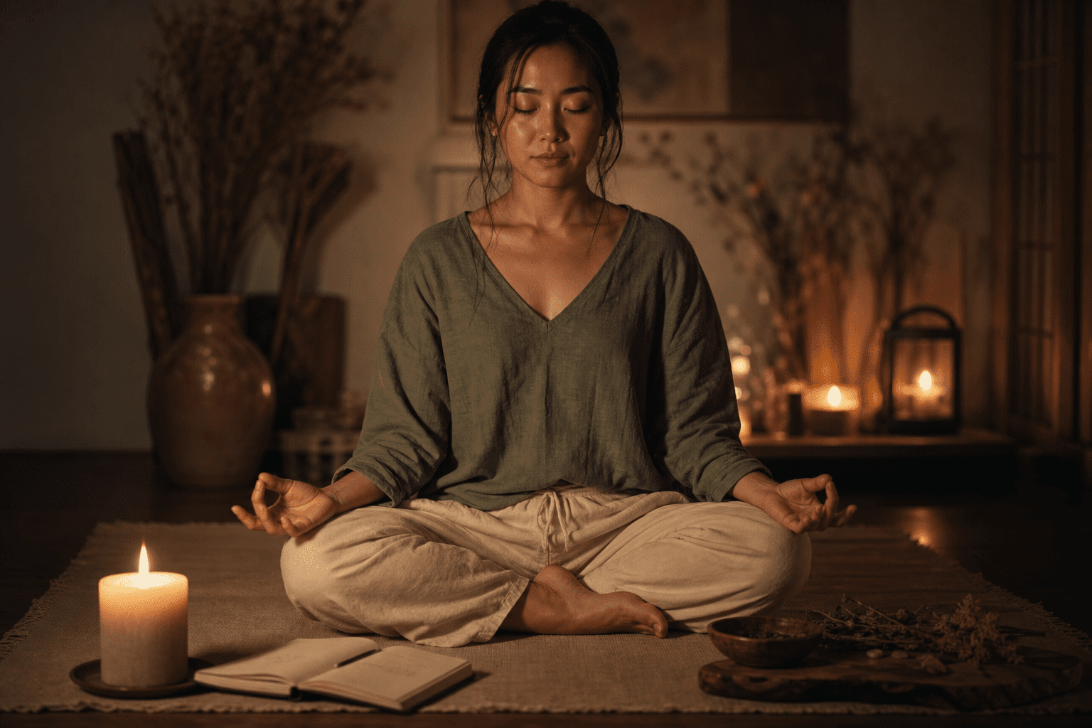 Yoga et calendrier lunaire - le guide pratique pour adapter votre séance aux 4 phases de la lune 1 Femme assise en méditation à la bougie pour un rituel de nouvelle lune, yoga nidra et calendrier lunaire