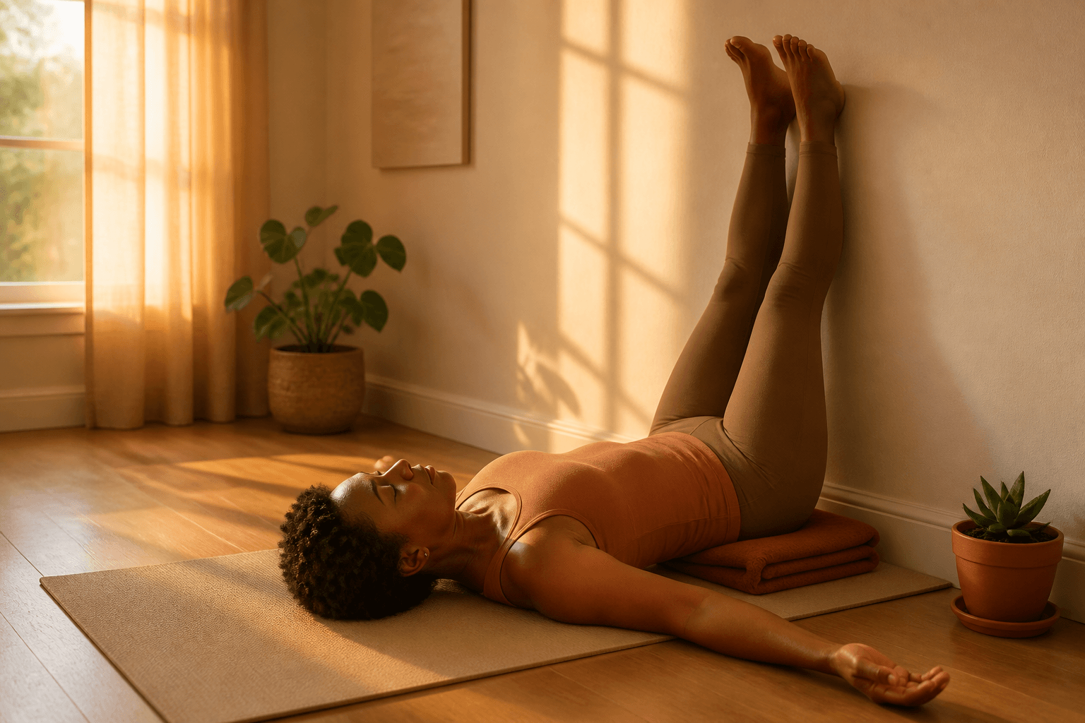 6 postures de yoga pour mieux vivre la ménopause 2 Femme en Viparita Karani jambes au mur sur tapis beige, yoga doux ménopause et bouffées de chaleur