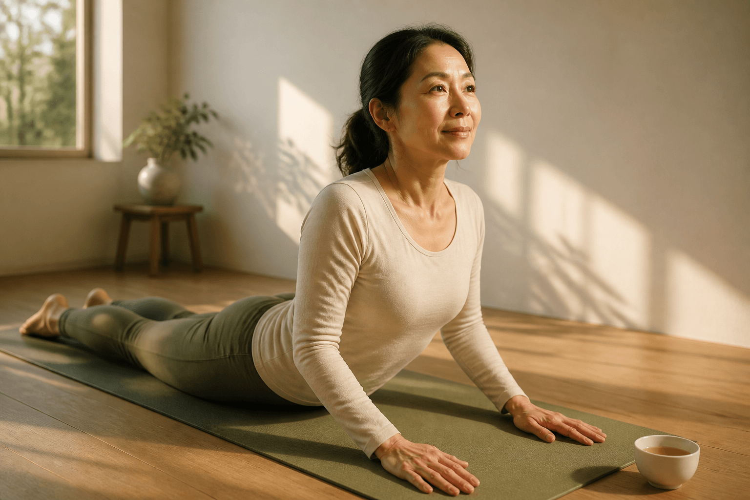 6 postures de yoga pour mieux vivre la ménopause 3 Femme en posture du cobra sur tapis naturel, lumière matinale dorée, yoga ménopause et énergie
