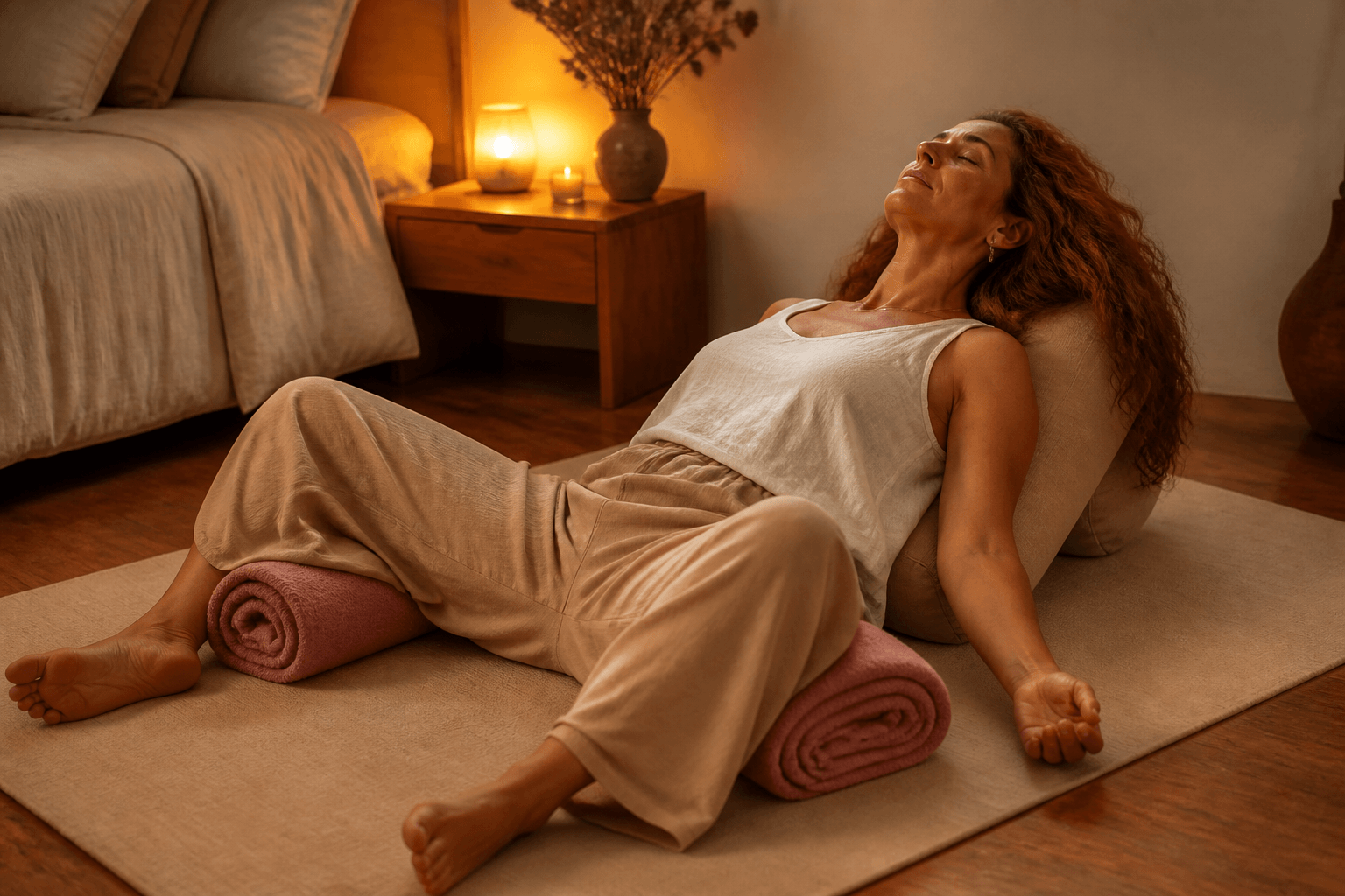 6 postures de yoga pour mieux vivre la ménopause 1 Femme en Supta Baddha Konasana soutenu par coussin, yoga restauratif ménopause et sommeil
