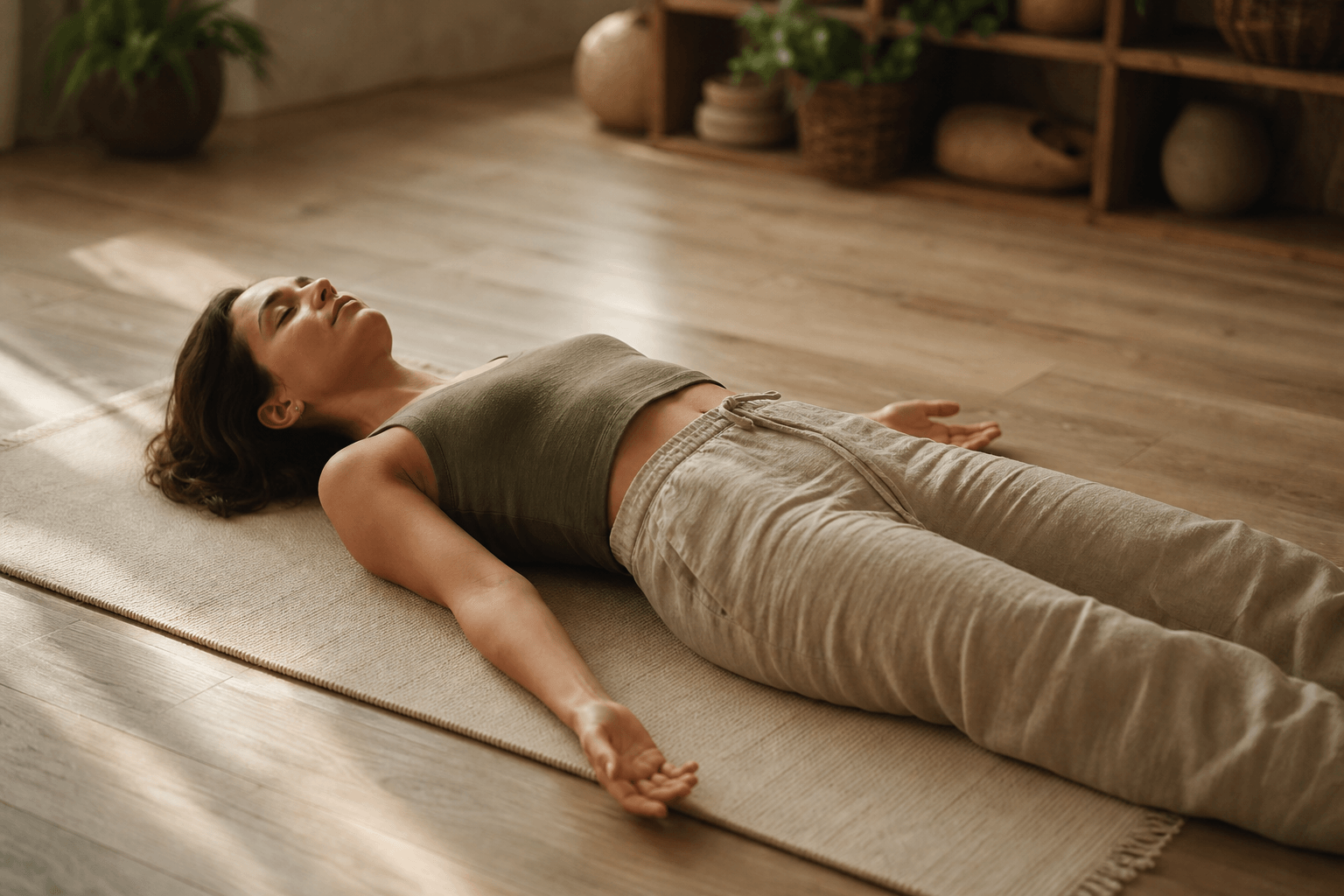 Femme en relaxation profonde dans un intérieur en bois clair, lumière naturelle chaude, pratique yoga nidra