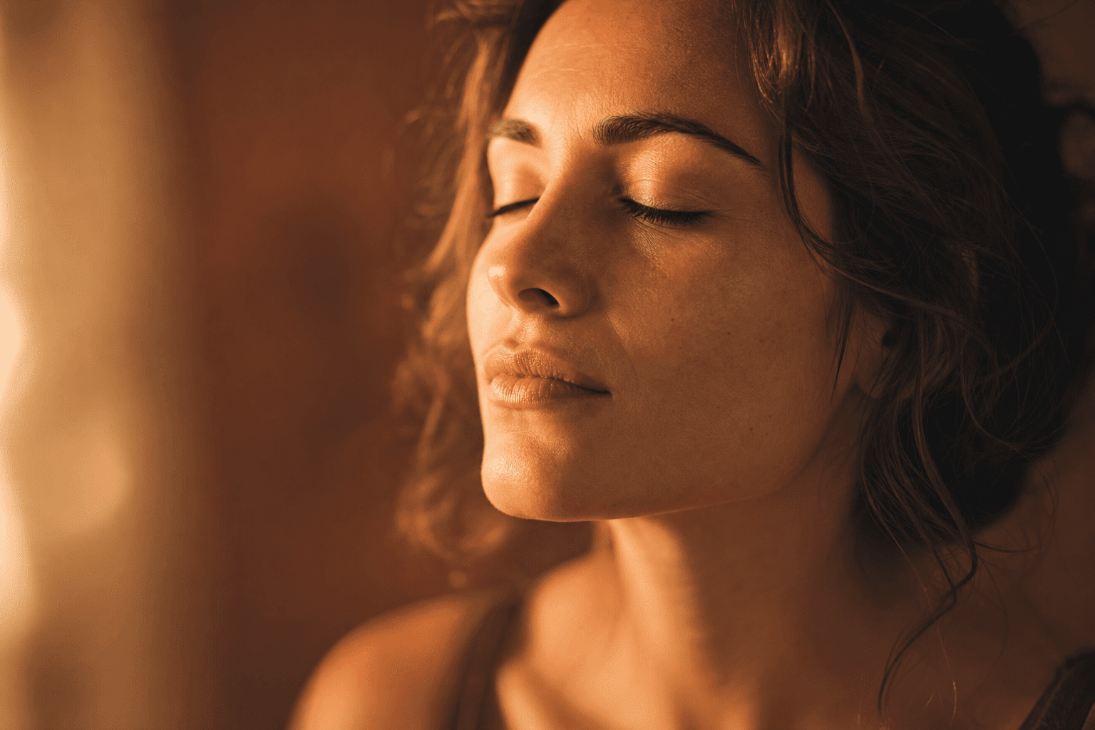  Gros plan visage de femme aux yeux fermés, sérénité absolue, lumière dorée ambrée, yoga nidra sommeil yogique