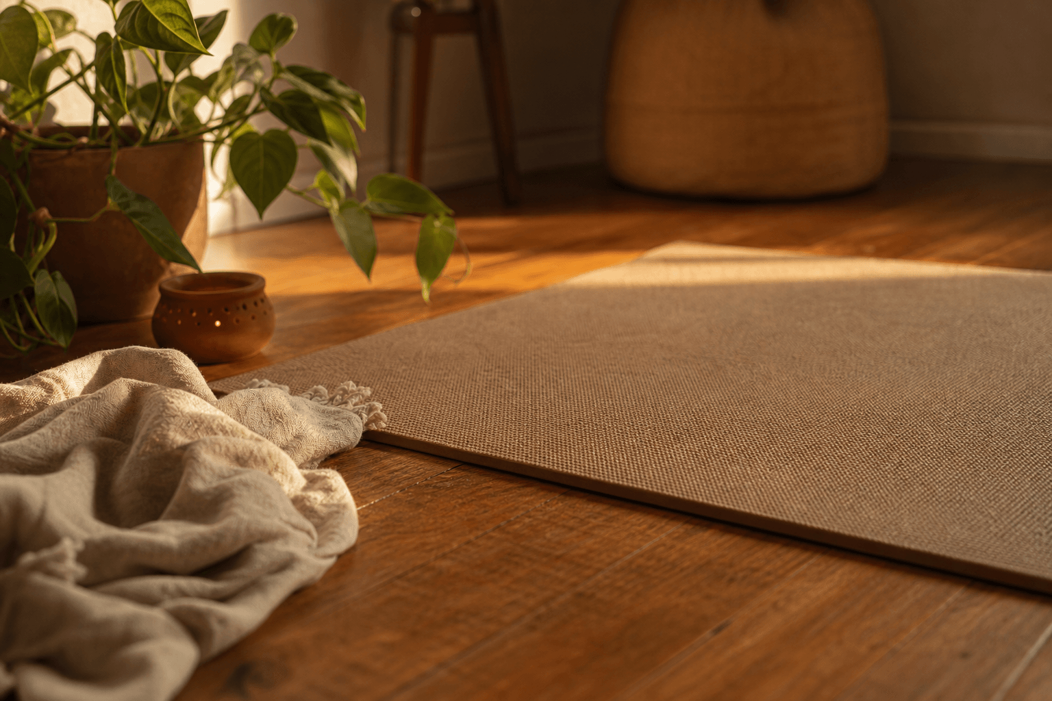 Espace de pratique zen — tapis, couverture en lin, bougie, plante verte, sol en bois miel, yoga nidra chez soi