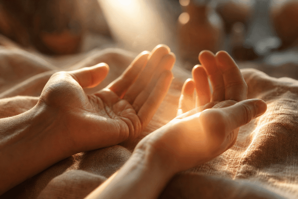 Mains en ouverture lors d'une séance de yoga nidra
