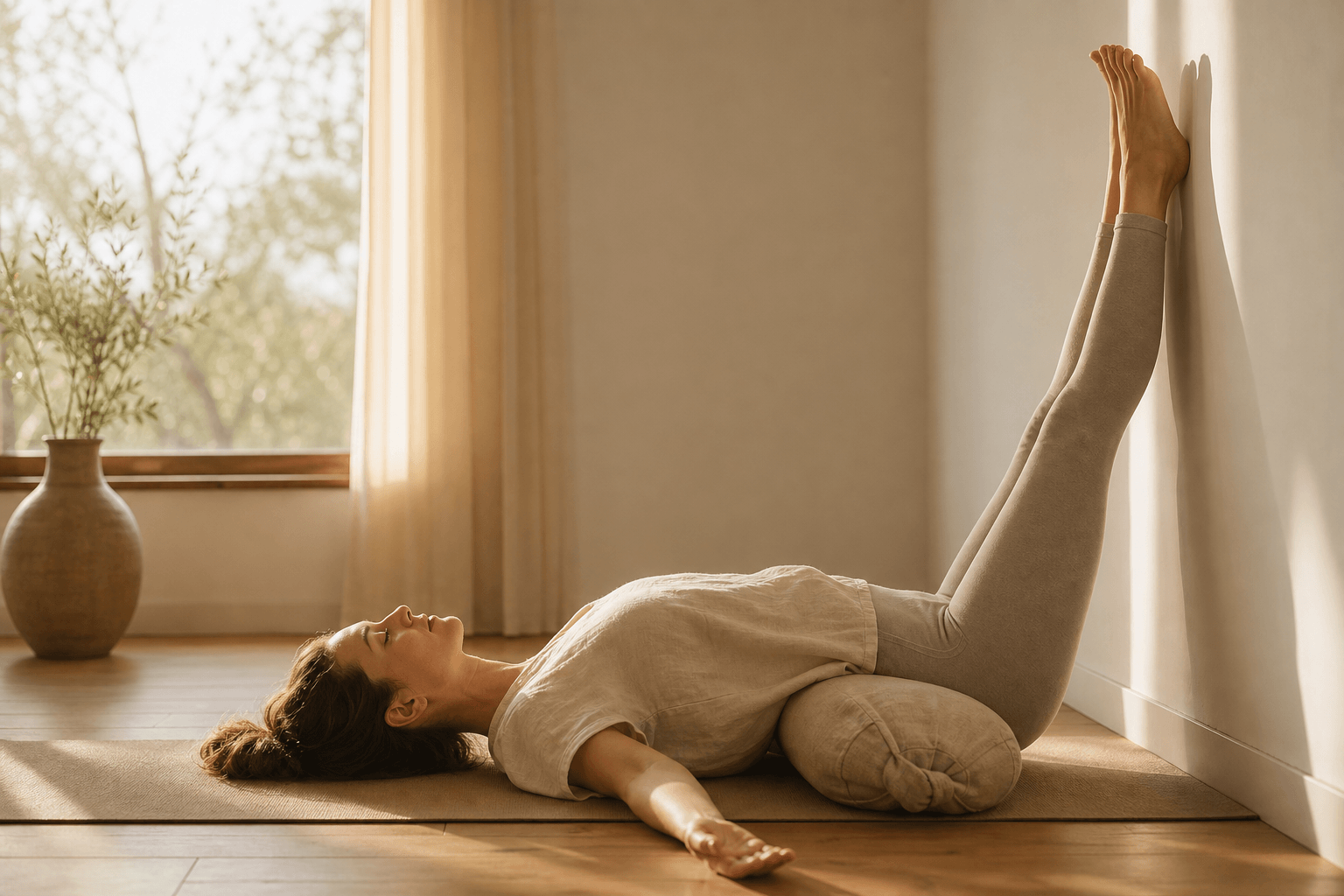 Femme en Viparita Karani jambes au mur, bolster sous le bassin, relâchement total, yoga restauratif