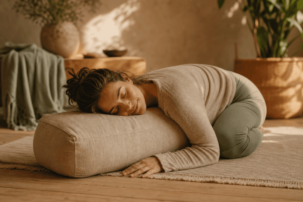 Femme en Savasana soutenu, coussin pour les yeux, bolster sous les genoux, relaxation profonde yoga restauratif