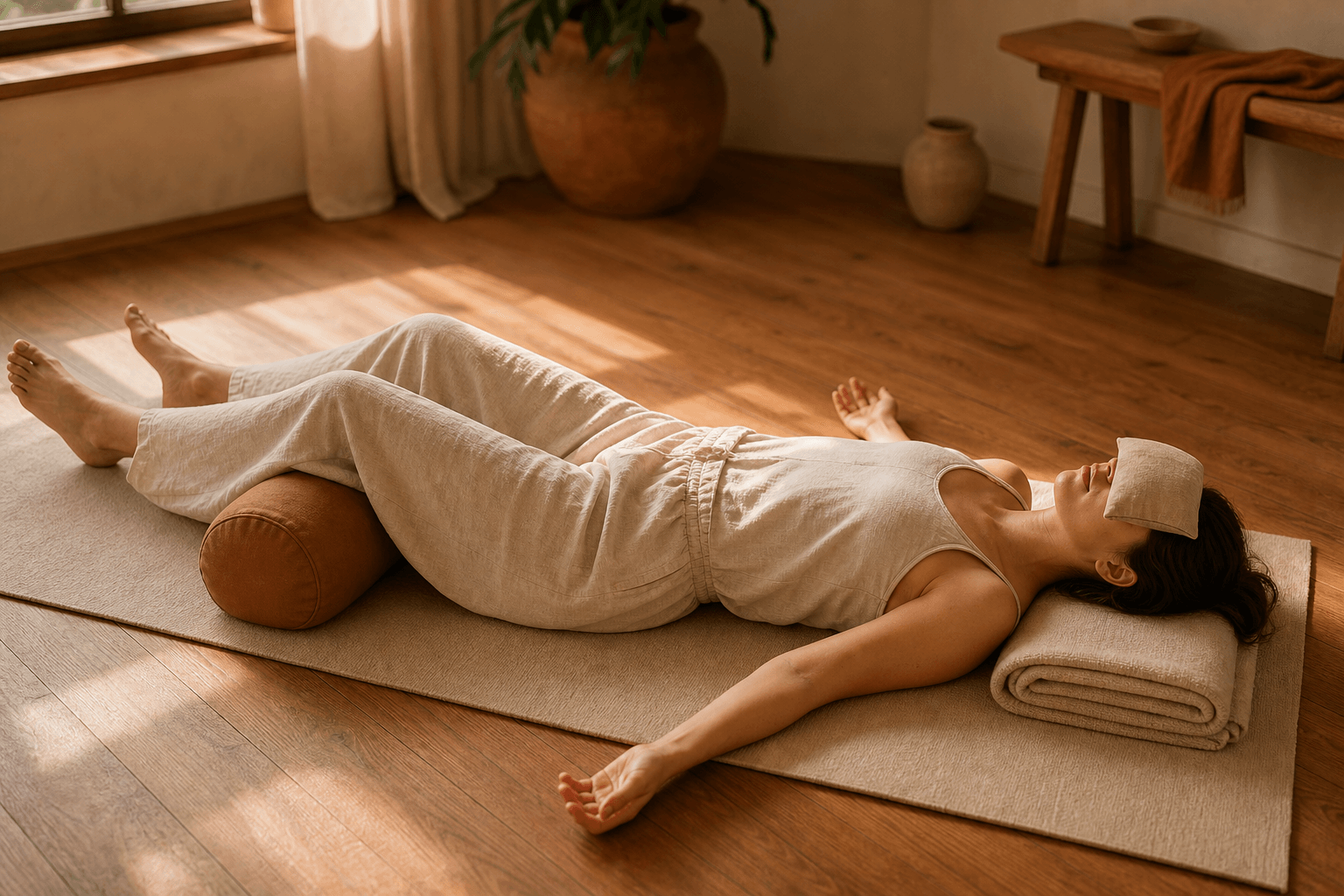  Femme en Balasana soutenu sur bolster lin, posture de l’enfant yoga restauratif, expression apaisée, lumière dorée