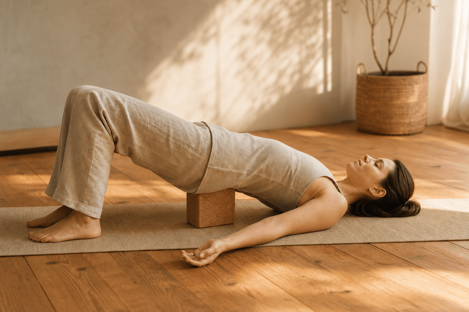 Femme en Setu Bandha Sarvangasana soutenu, bloc liège sous le sacrum, pont passif yoga restauratif, relâchement total