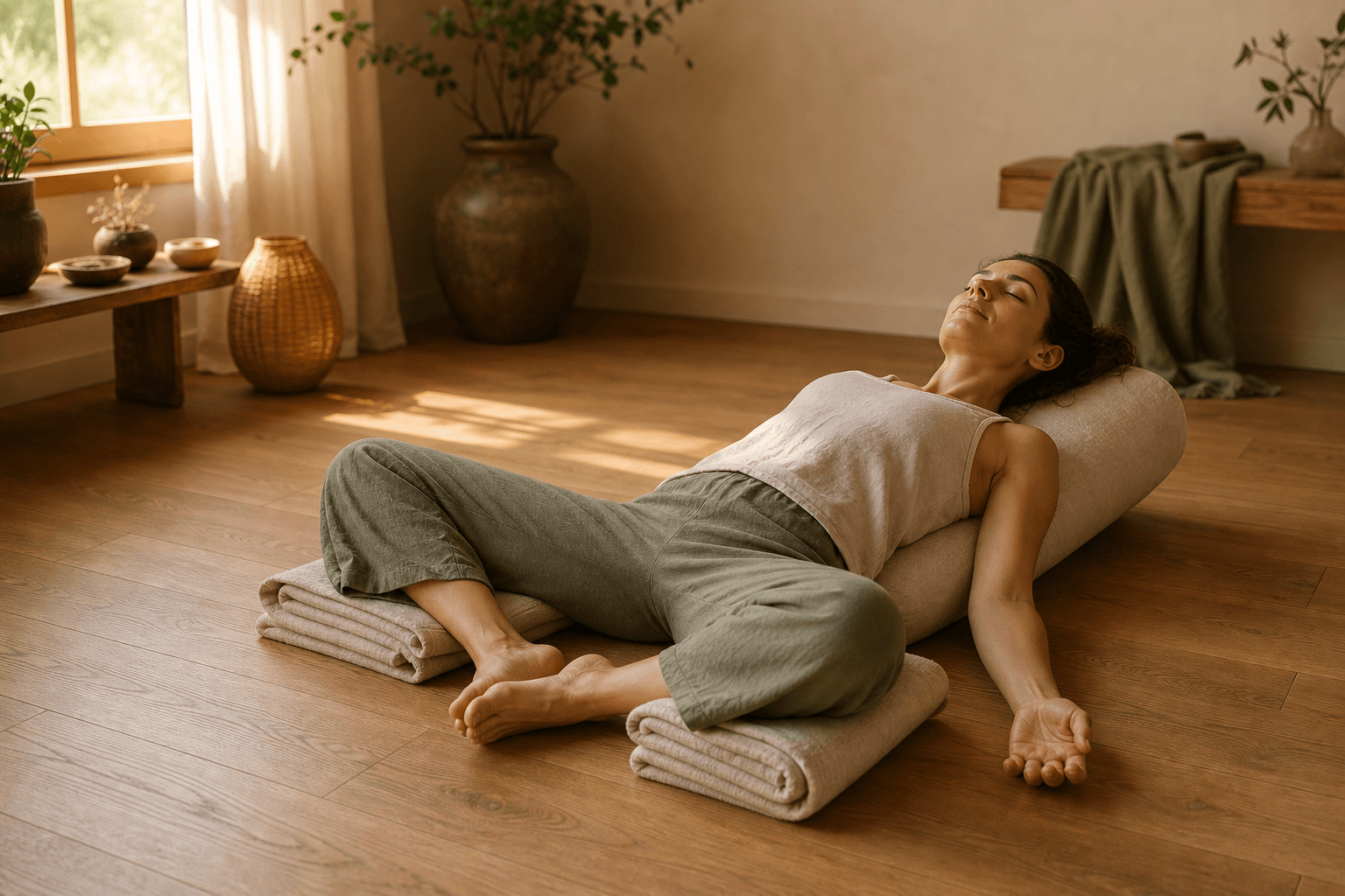 Femme en Supta Baddha Konasana soutenu sur bolster, genoux ouverts sur couvertures, yoga restauratif déesse allongée, lumière dorée