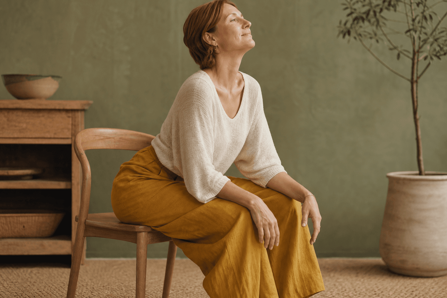 Yoga sur chaise : 6 postures essentielles 3 Femme en posture du chat-vache assis sur une chaise, dos arqué en position vache, yoga sur chaise mobilité lombaire