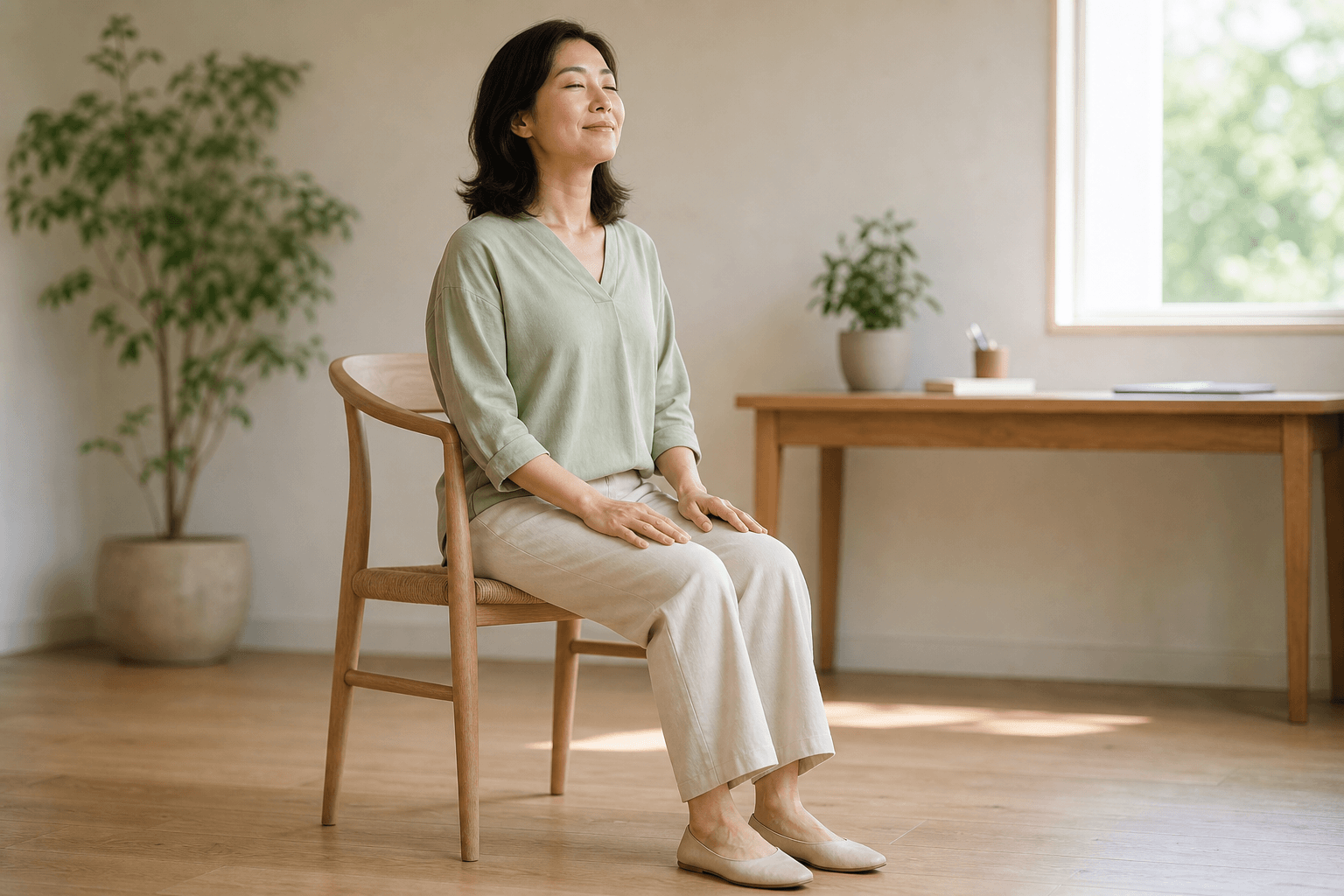 Yoga sur chaise : 6 postures essentielles 1 Femme souriante assise bien droite sur une chaise, épaules relâchées, yoga sur chaise bien-être au bureau