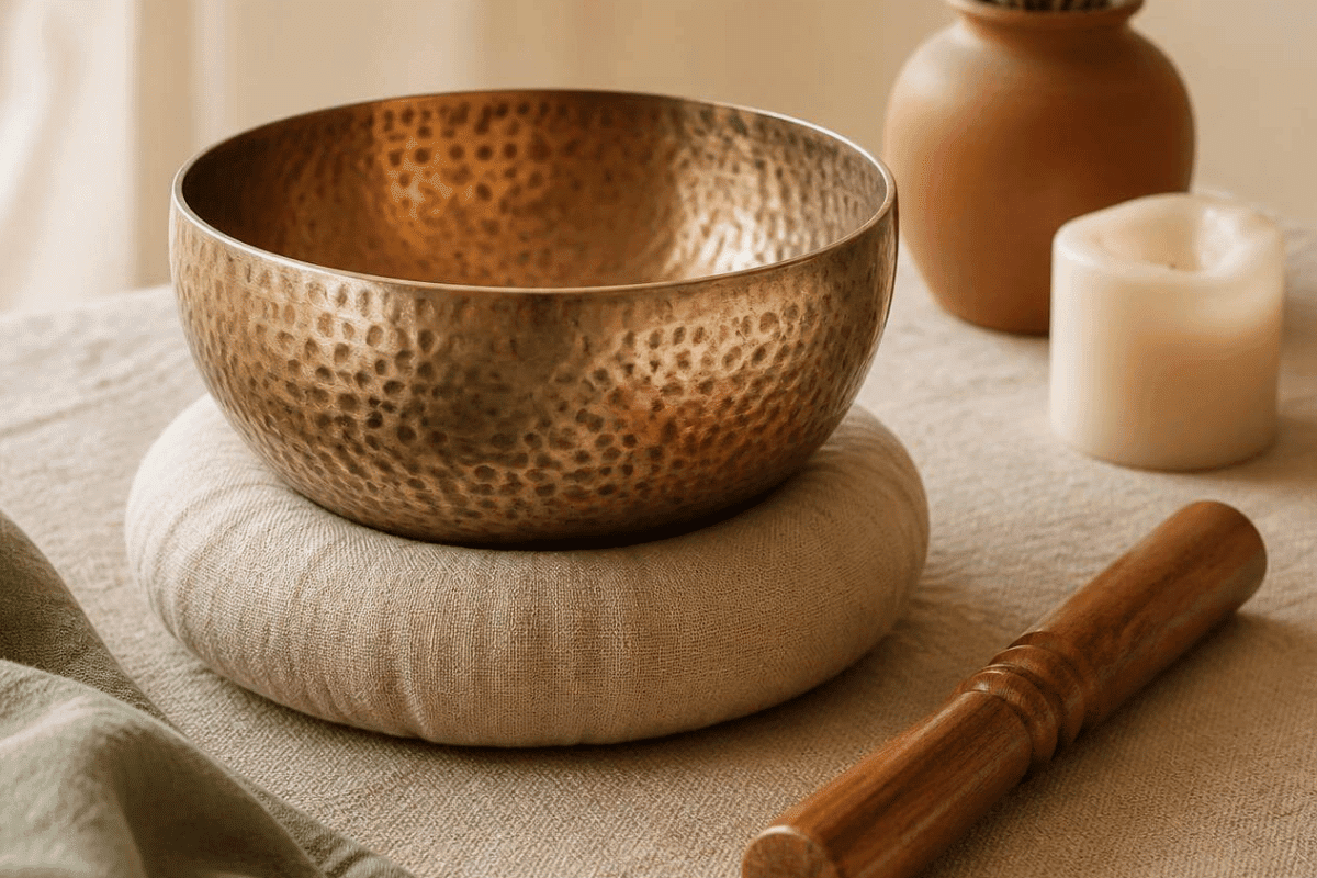 Comment faire chanter un bol tibétain - le guide complet 1 Bol tibétain 7 métaux posé sur coussin en lin naturel avec bâton en bois, méditation sonore