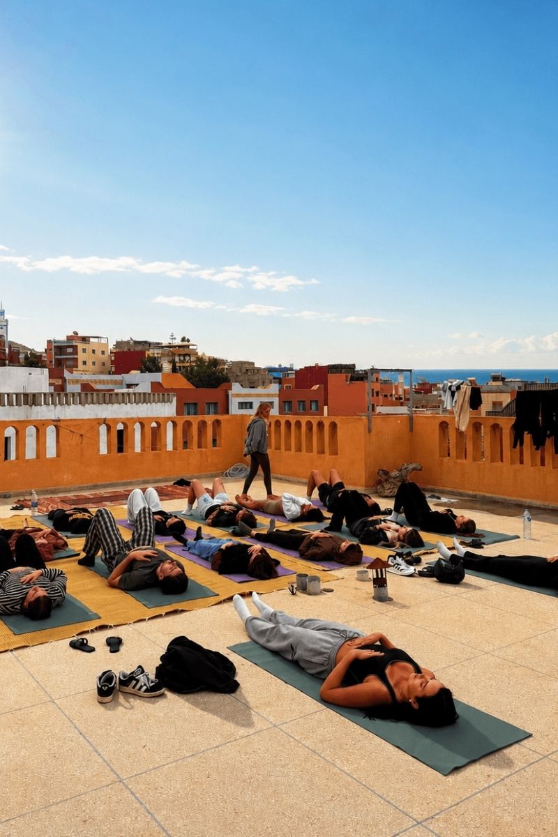 Retraite yoga & surf au Maroc : 7 jours à Tamraght avec Get Salty Guesthouse 1 Groupe en retraite Get Salty Guesthouse allongé en relaxation sur des tapis de yoga sur un rooftop avec vue sur l'océan à Tamraght, Maroc.