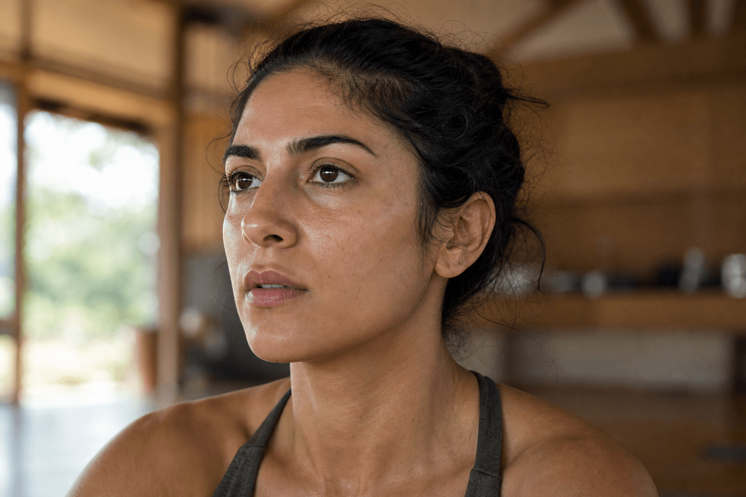 Ashtanga yoga : origines, principes et guide complet 2 Visage femme en concentration intense, regard fixe drishti, lumière naturelle douce, méditation ashtanga yoga