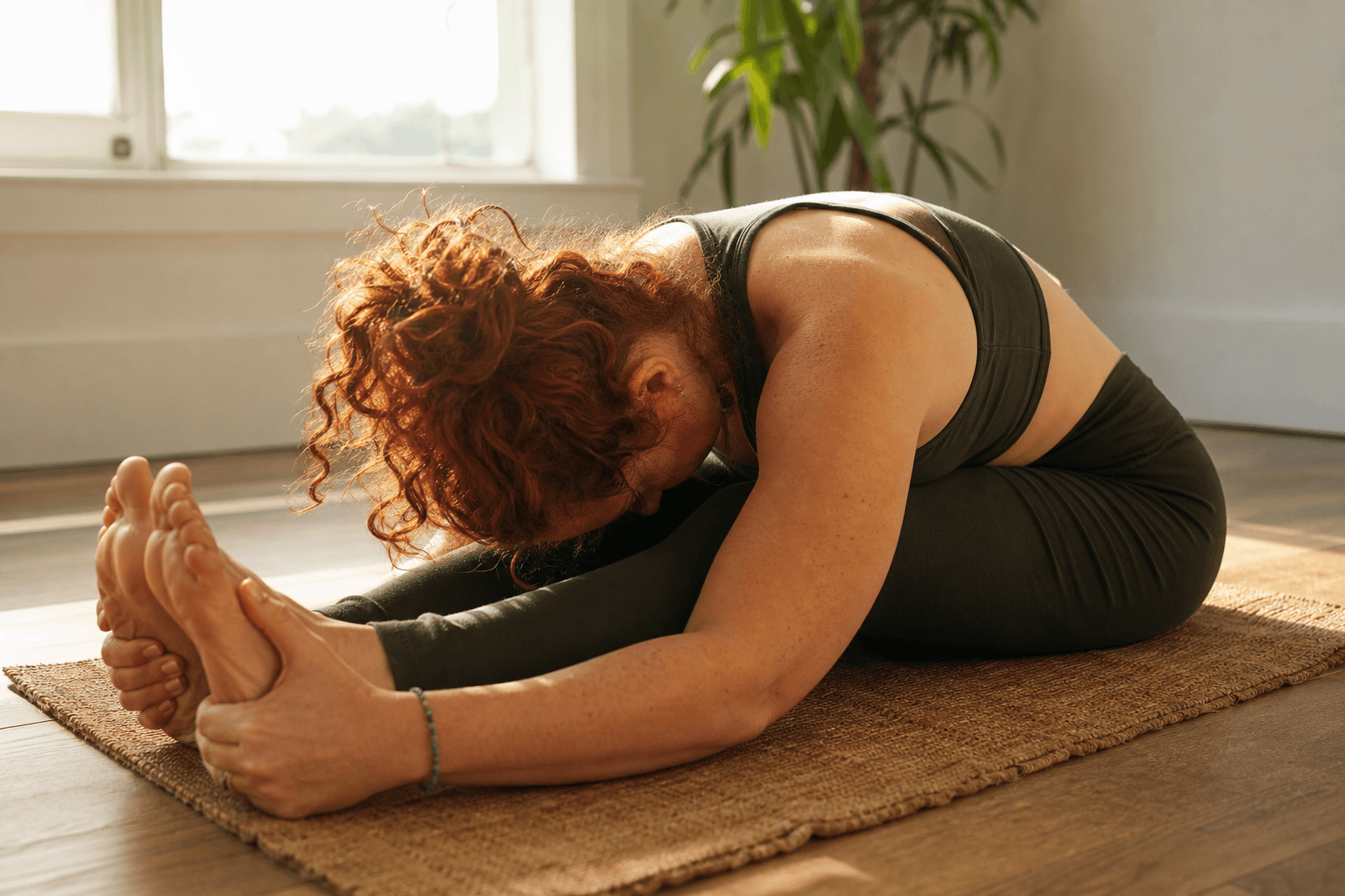 Ashtanga yoga : origines, principes et guide complet 1 Femme en pratique ashtanga solo le matin, posture forward fold, lumière dorée matinale, format Mysore yoga