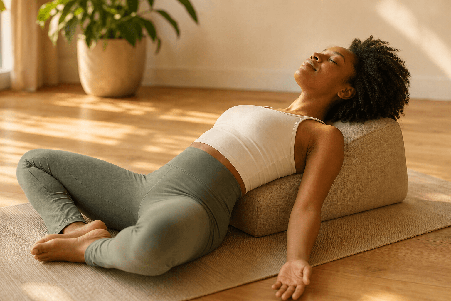 Le bolster yoga : à quoi ça sert et comment l'utiliser 2 Femme en Supta Baddha Konasana allongée sur bolster en lin, poitrine ouverte, expression de lâcher-prise profond, bolster yoga