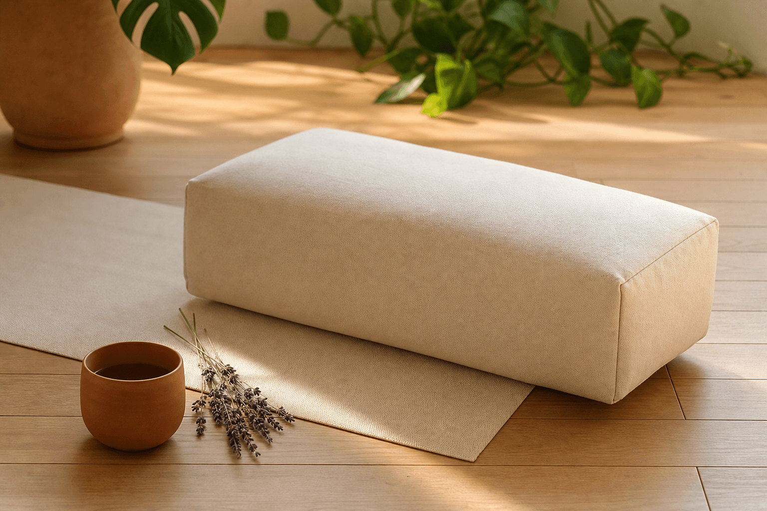 Le bolster yoga : à quoi ça sert et comment l'utiliser 1 Mains posées en intention sur un bolster de yoga en coton naturel, texture lin visible, lumière chaude rasante, bolster yoga