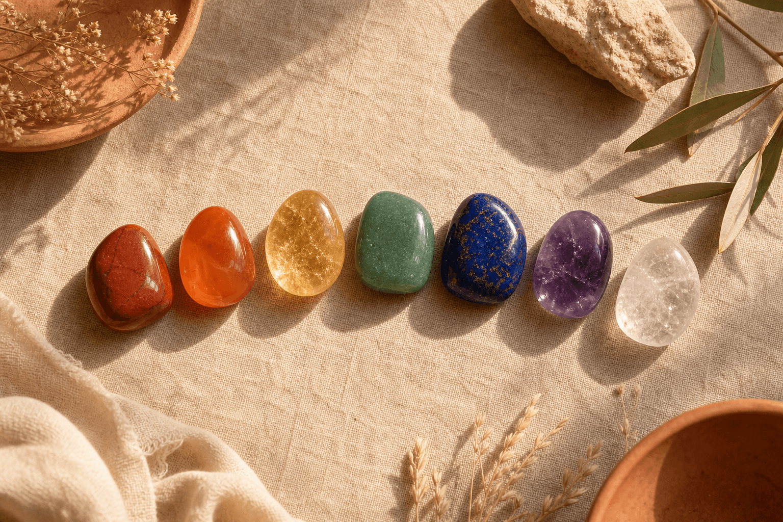 Bracelet 7 chakras : signification des pierres et guide complet pour le choisir 2 7 pierres naturelles bracelet chakras alignées sur lin naturel, du jaspe rouge au quartz blanc, lumière dorée