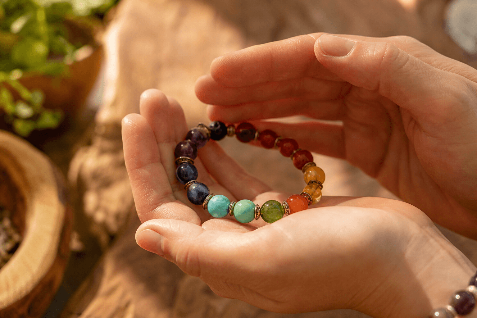 Bracelet 7 chakras : signification des pierres et guide complet pour le choisir 1 Mains tenant bracelet 7 chakras en coupe, activation par intention, pierres colorées visibles, lumière naturelle