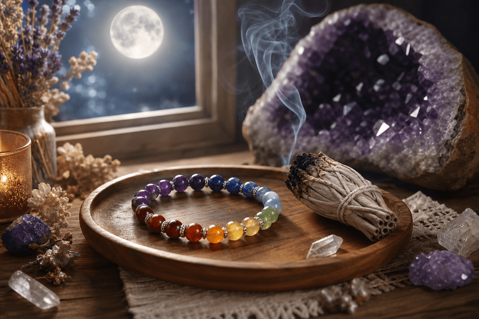 Bracelet 7 chakras : signification des pierres et guide complet pour le choisir 3 Bracelet 7 chakras sur plateau bois avec fumée sauge blanche et géode améthyste, rituel purification pierres