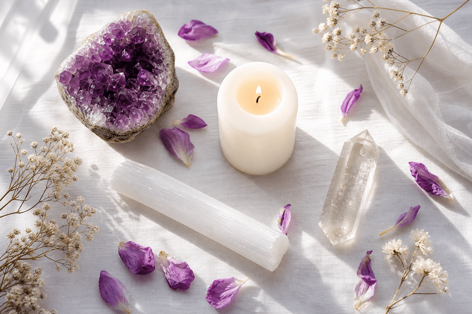 Chakra couronne : 5 signes de blocage et comment l'équilibrer 3 Rituel chakra couronne - améthyste, sélénite, quartz, bougie et fleurs blanches sur lin, lumière naturelle matinale