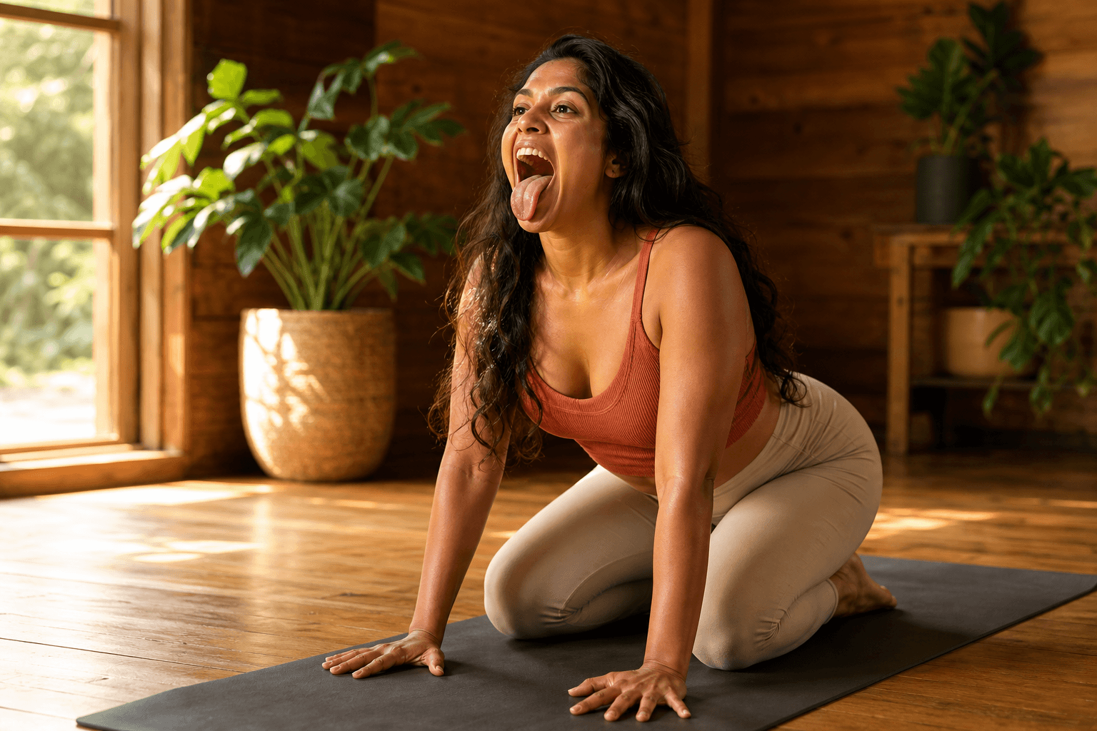 6 signes d'un chakra de la gorge bloqué 1 Femme en Simhasana (lion), bouche ouverte, expression libérée, lumière dorée, yoga chakra gorge