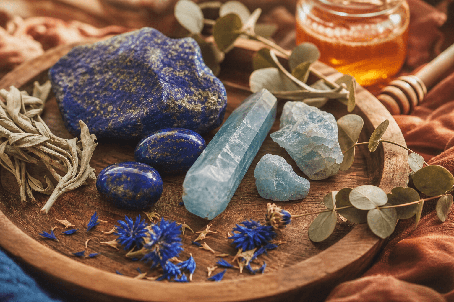 6 signes d'un chakra de la gorge bloqué 2 Lapis-lazuli et aigue-marine sur plateau bois naturel avec sauge séchée, cristaux chakra gorge Vishuddha