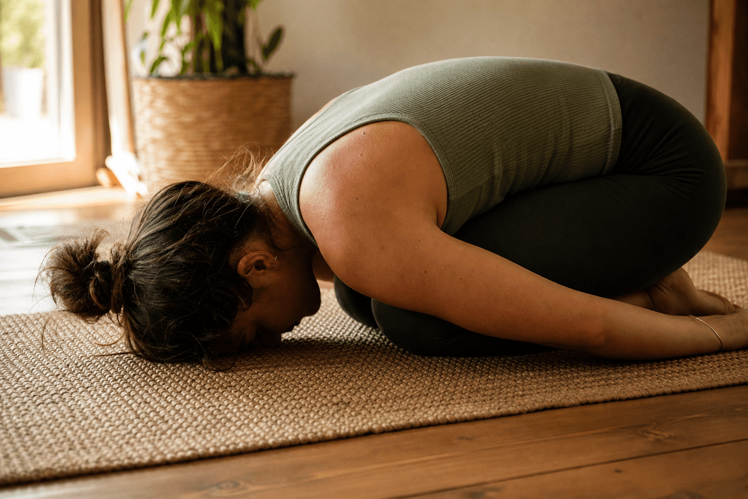 Chakra du 3ème oeil : 5 signes de blocage et comment éveiller votre intuition 1 Femme en Balasana (posture de l'enfant), front sur tapis jute naturel, lumière dorée douce, activation chakra 3ème oeil