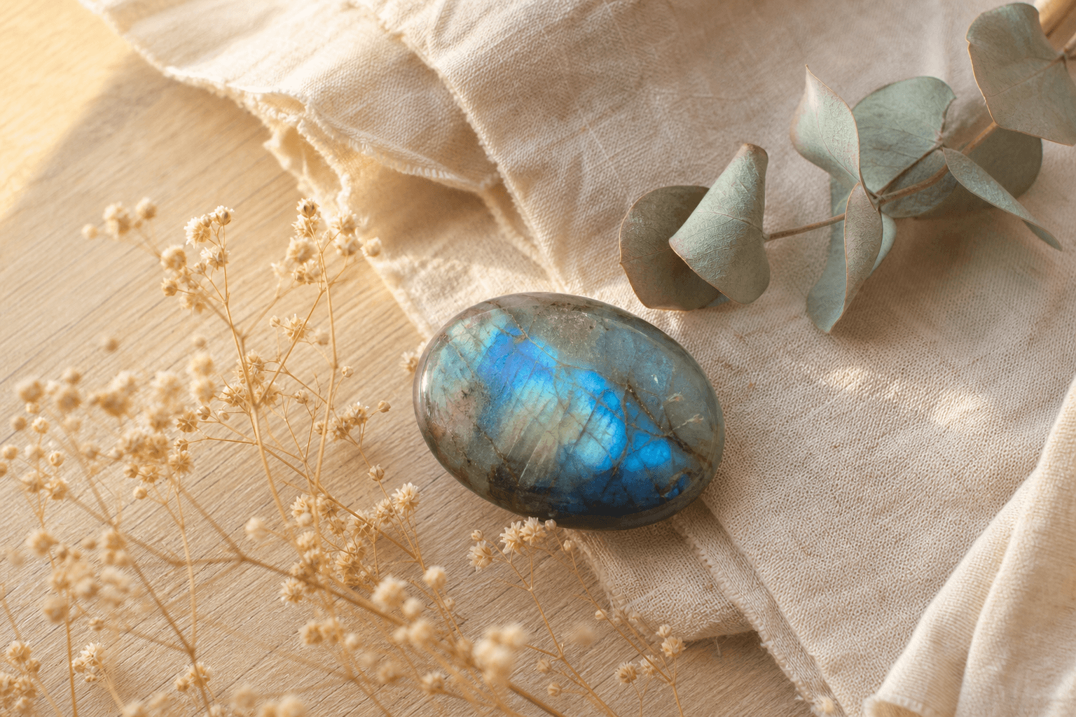 Chakra du 3ème oeil : 5 signes de blocage et comment éveiller votre intuition 2 Labradorite et fleurs séchées sur lin naturel, lumière dorée, cristaux chakra du 3ème oeil Ajna