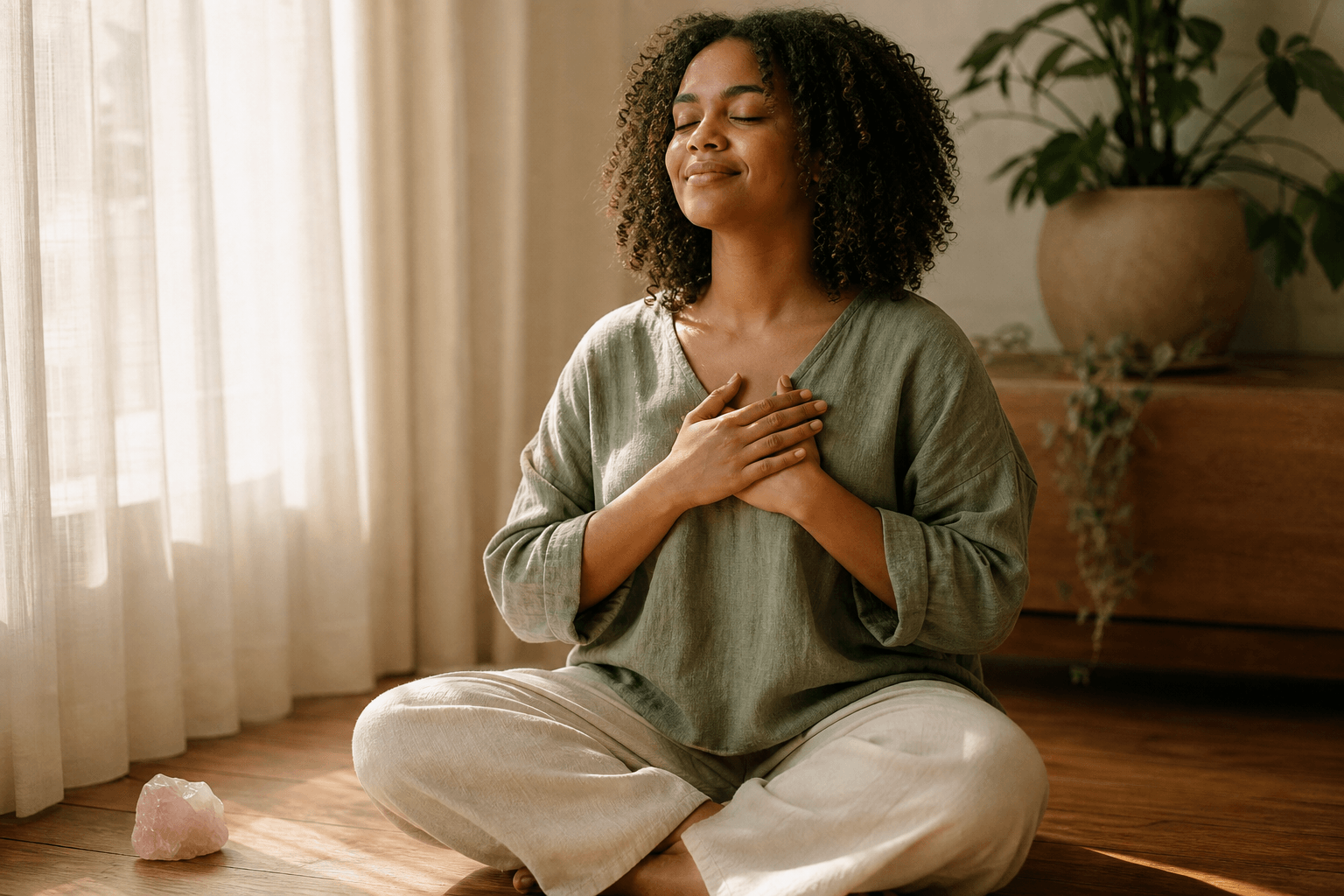 Comment débloquer le chakra du coeur en 5 pratiques accessibles 2 Mains en mudra devant la poitrine, lumière verte diffuse, méditation chakra du coeur