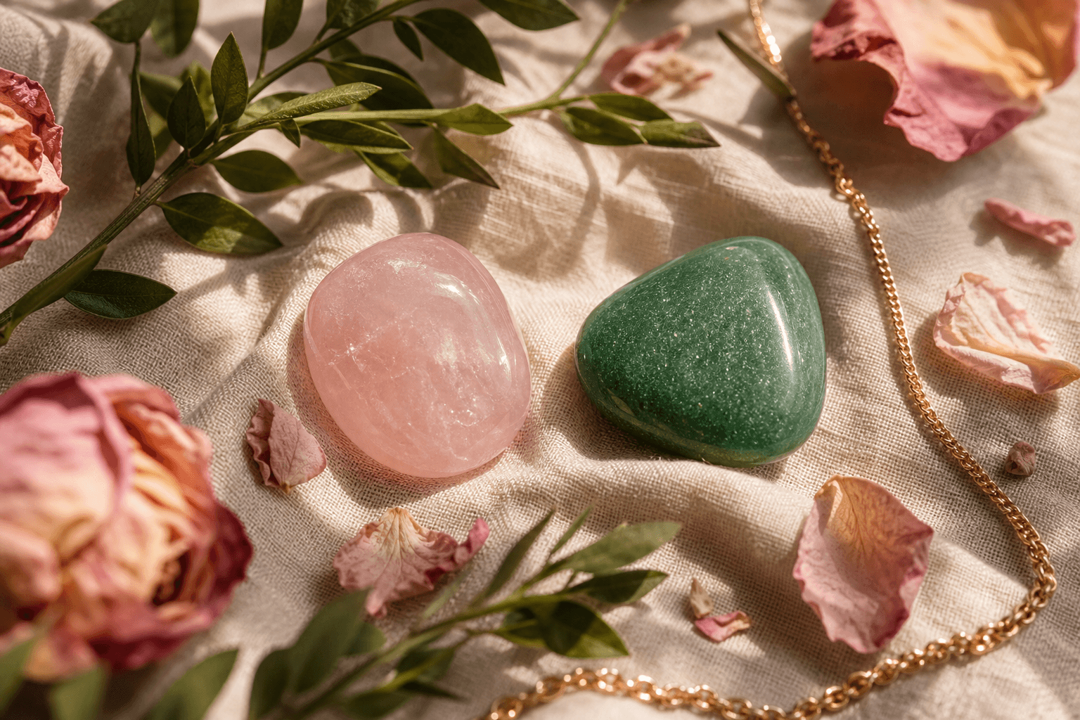 Comment débloquer le chakra du coeur en 5 pratiques accessibles 1 Quartz rose et aventurine verte sur tissu lin, lumière naturelle chaude, pierres chakra du coeur