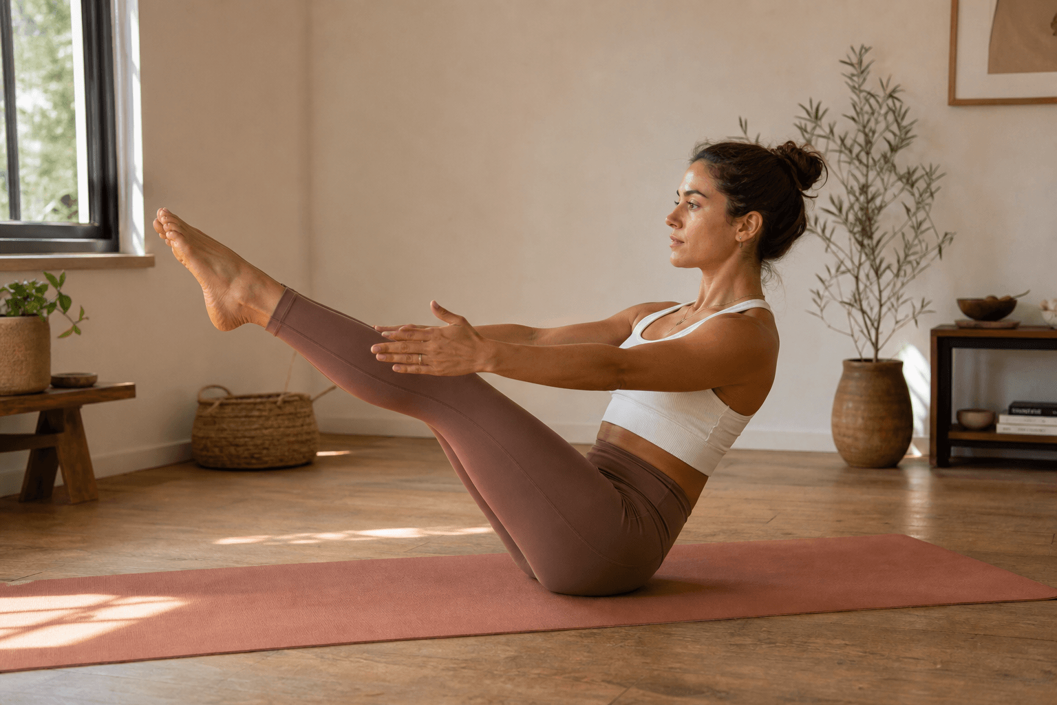 Chakra plexus solaire : 7 signes de blocage et comment le rééquilibrer 1 Posture Navasana sur tapis de yoga, femme en équilibre, lumière naturelle chaleureuse, chakra plexus solaire