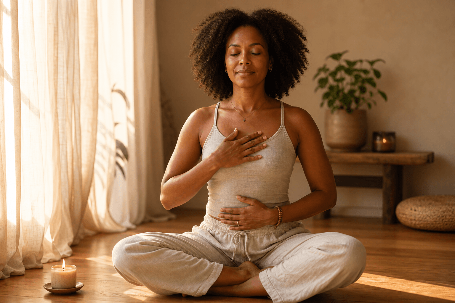 Chakra plexus solaire : 7 signes de blocage et comment le rééquilibrer 2 Pratique du pranayama Kapalabhati, femme assise en méditation yeux fermés, chakra plexus solaire
