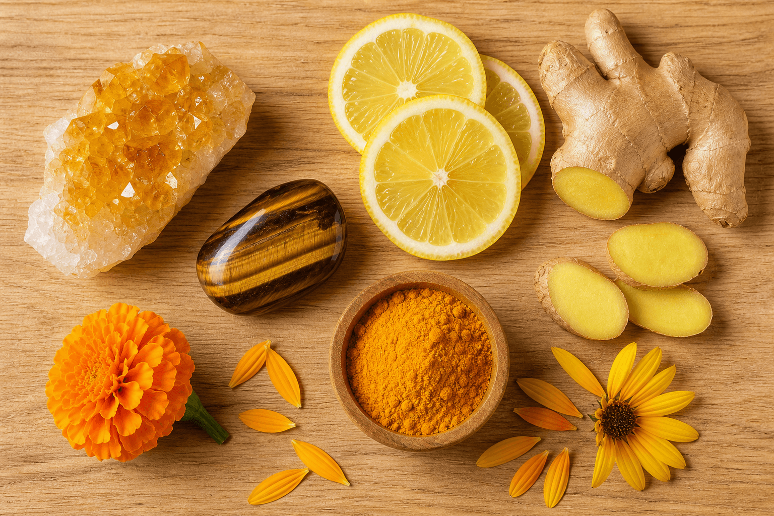 Chakra plexus solaire : 7 signes de blocage et comment le rééquilibrer 3 Citrine et aliments jaunes sur fond bois naturel, cristaux associés au chakra plexus solaire