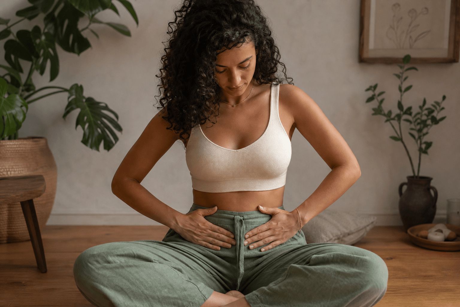 Chakra racine Muladhara : signification et symboles 1 Femme assise au sol, mains posées vers la base de la colonne vertébrale, regard introspectif dirigé vers le Muladhara, yoga chakra racine